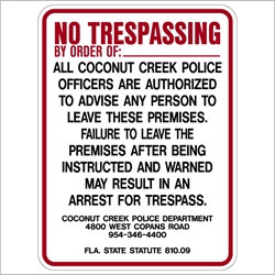 Coconut Creek Trespass program sign  18x24 